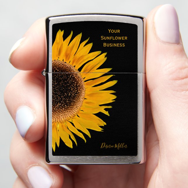 Yellow Sunflower Black Background Country Rustic Zippo Lighter (In Hand)