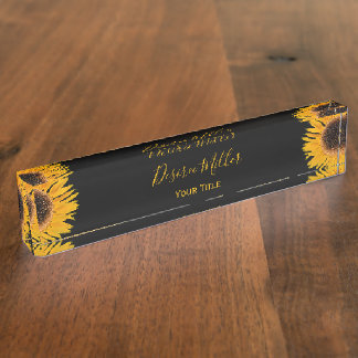 Yellow Sunflower Black Background Rustic Country Desk Name Plate