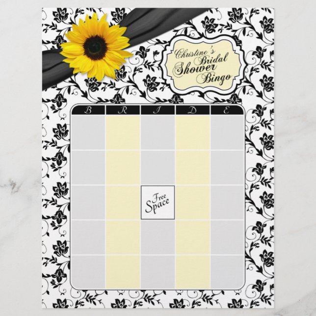 Yellow Sunflower Black Floral Bridal Shower Bingo (Front)