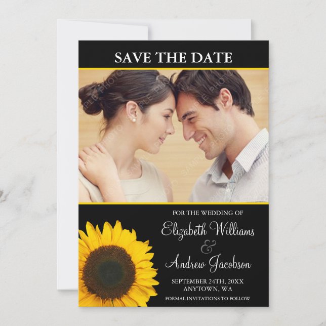 Yellow Sunflower Black Photo Save the Date (Front)