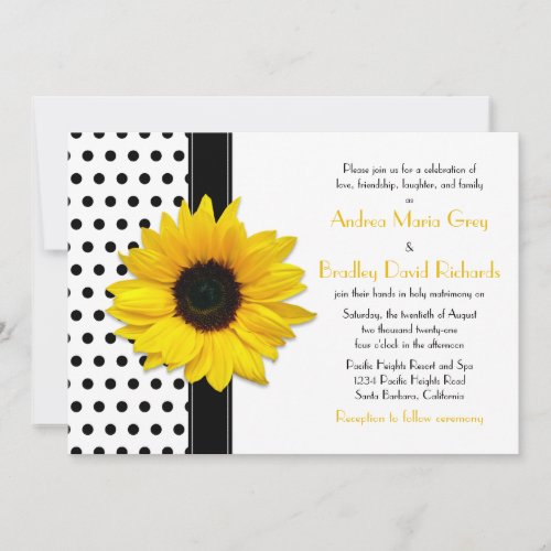 Yellow Sunflower Black White Polka Dot Wedding Announcement