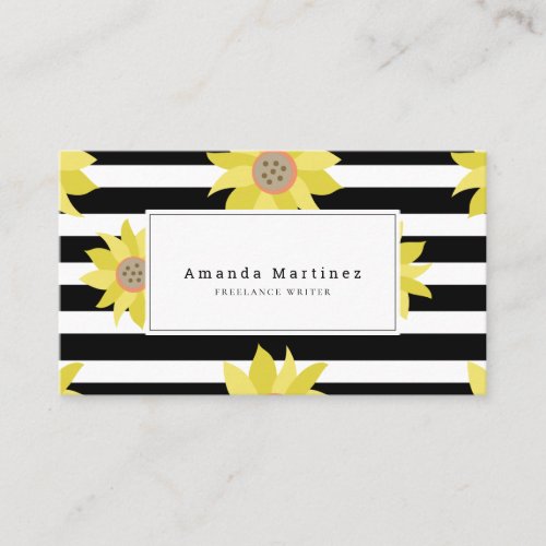 Yellow Sunflower Black  White Stripes Business Card