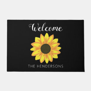 Yellow Sunflower Bloom Black Welcome Family Name   Doormat