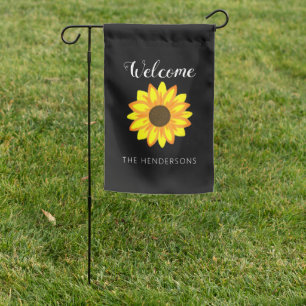 Yellow Sunflower Bloom Black Welcome Monogram Name Garden Flag