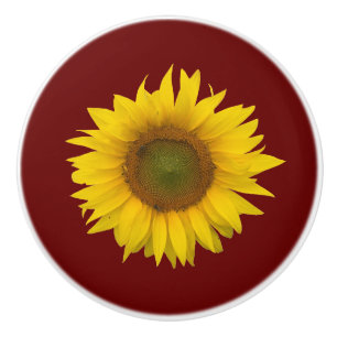 Yellow Sunflower Bloom Country Burgundy Ceramic Knob