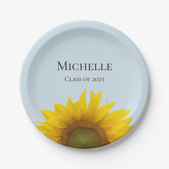Yellow Sunflower Bloom Floral Graduation Party Paper Plates (Front)