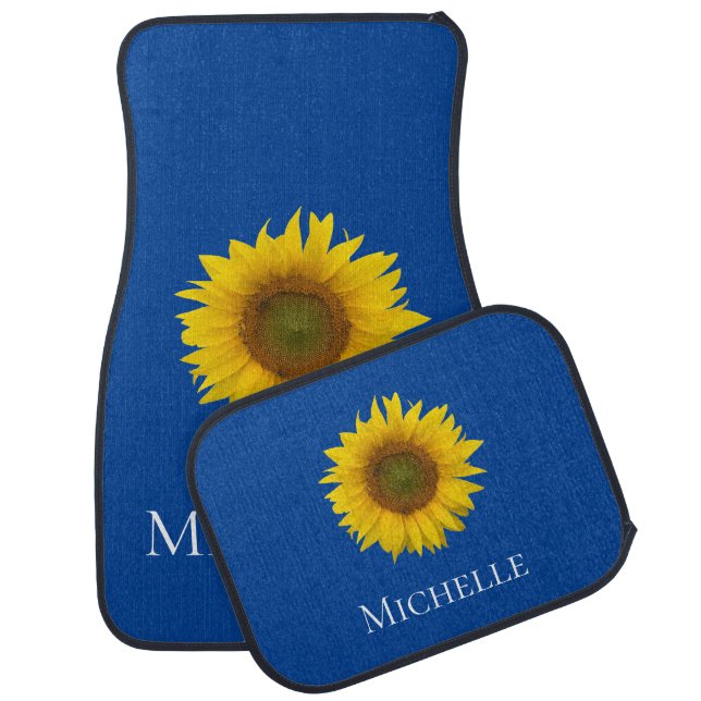 Yellow Sunflower Bloom Personalized Blue Car Floor Mat (Set)