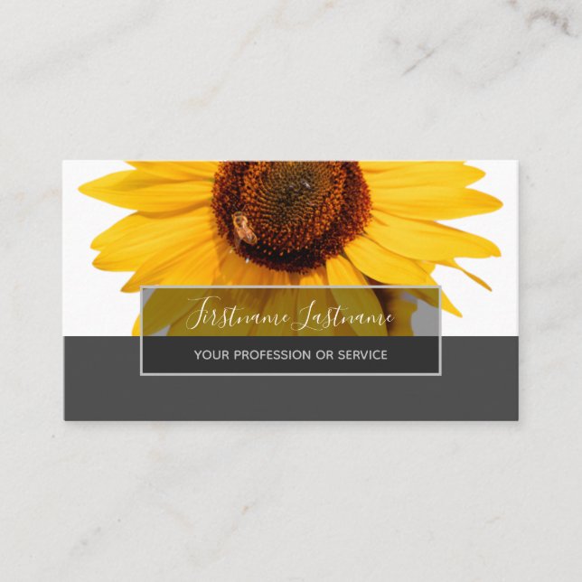 Yellow sunflower blossom elegant gray rectangle business card (Front)