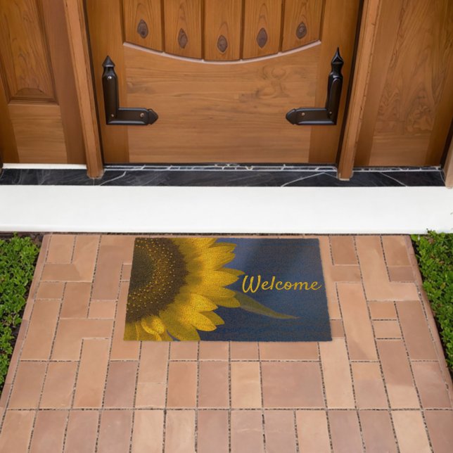 Yellow Sunflower Blossom on Blue Welcome Fiber Doormat (Insitu (Outdoor))