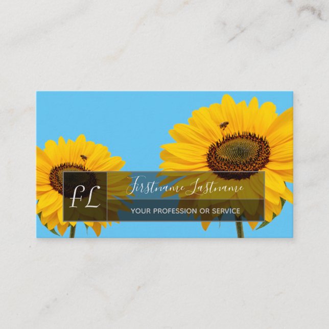 Yellow sunflower blossoms blue monogram rectangle business card (Front)