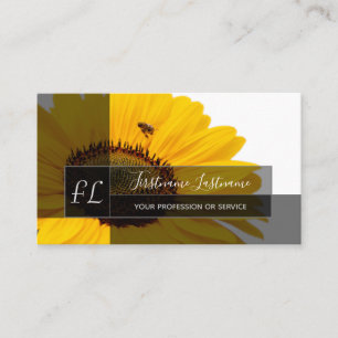 Yellow sunflower blossoms blue monogram rectangle business card