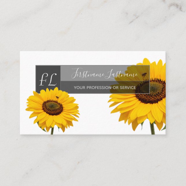 Yellow sunflower blossoms blue monogram rectangle  business card (Front)