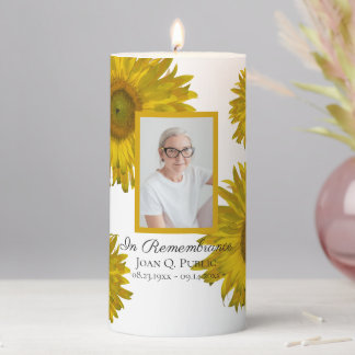 Yellow Sunflower Blossoms Funeral Memorial Pillar Candle