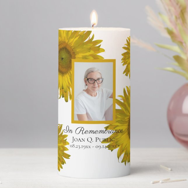 Yellow Sunflower Blossoms Funeral Memorial Pillar Candle (In Situ)