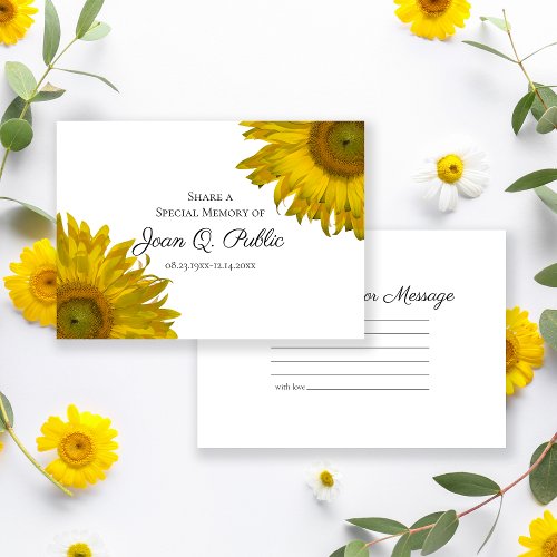 Yellow Sunflower Blossoms Share a Memory Funeral  Note Card