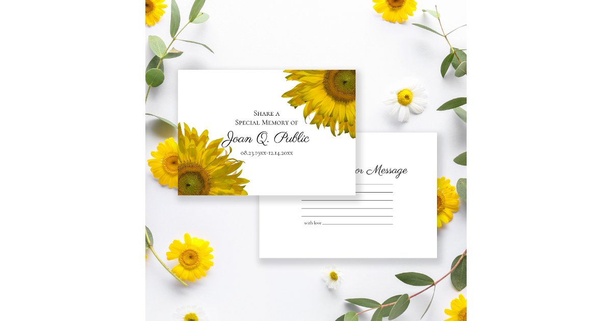 Yellow Sunflower Blossoms Share a Memory Funeral Note Card | Zazzle