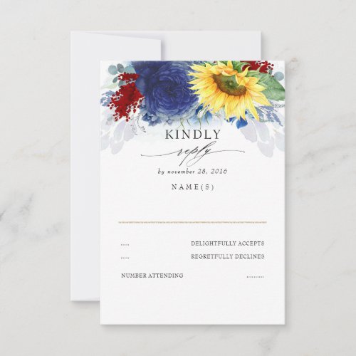 Yellow Sunflower Blue and Red Fall Wedding RSVP