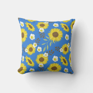 Yellow Sunflower Blue Background Flower Floral Throw Pillow