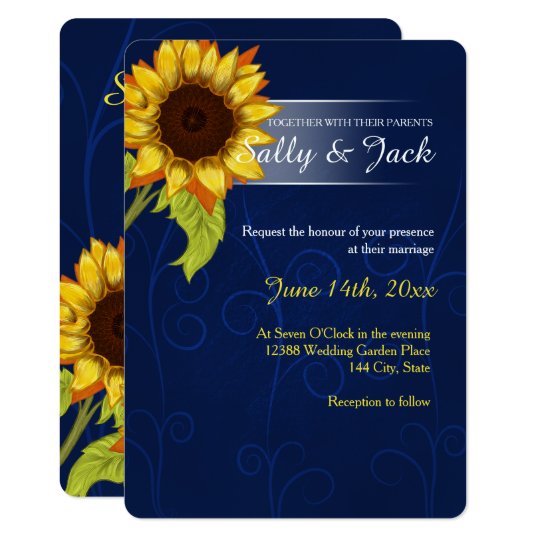 Yellow sunflower/blue background wedding invitation ...