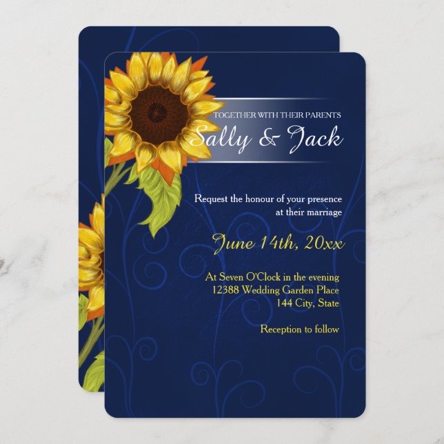 Yellow sunflower/blue background wedding invitation (Front/Back)