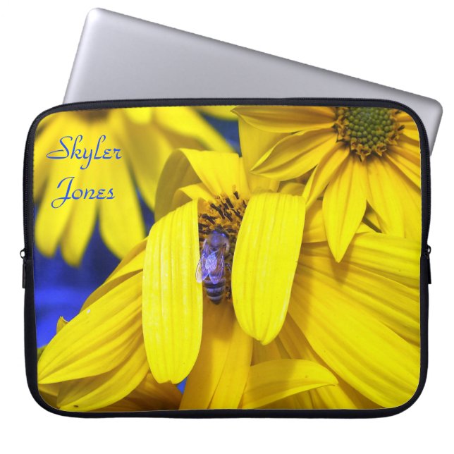 Yellow Sunflower, Blue Bee Laptop Sleeve (Front)