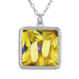 Yellow Sunflower , Blue Bee Necklace