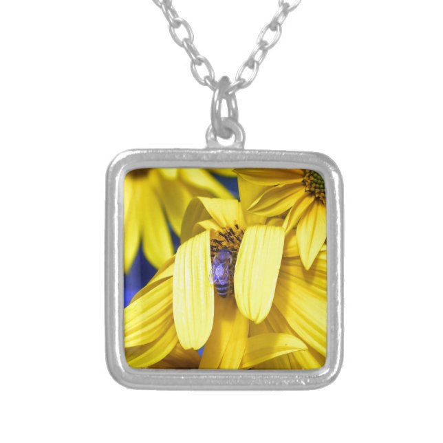 Yellow Sunflower , Blue Bee Necklace (Front)