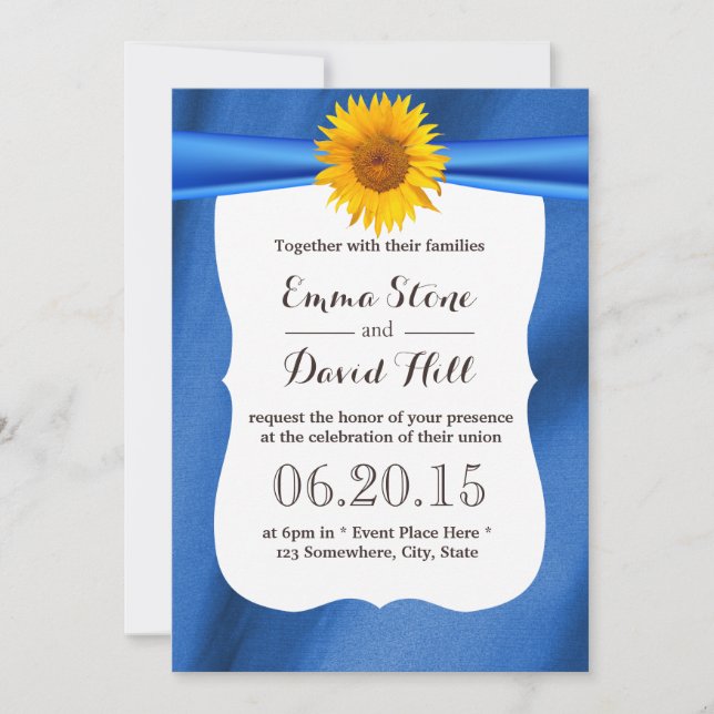 Yellow Sunflower Blue Fabric Wedding Invitations (Front)