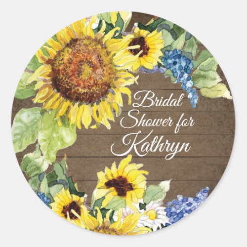 Yellow Sunflower Blue Flowers n Wood Bridal Shower Classic Round Sticker
