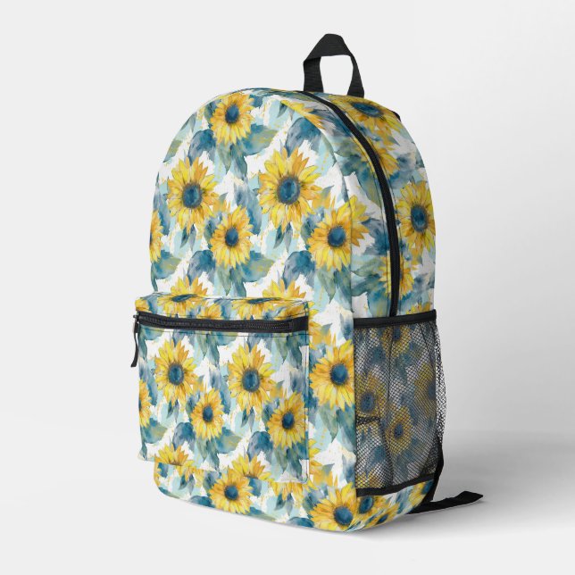 Yellow Sunflower Blue Leaf Pattern Printed Backpack (Back Corner Right)