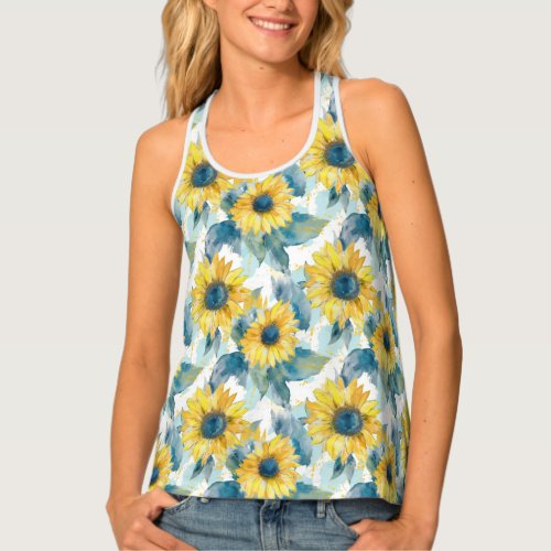 Yellow Sunflower Blue Leaf Pattern Tank Top