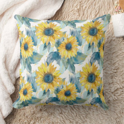 Yellow Sunflower Blue Leaf Pattern Throw Pillow