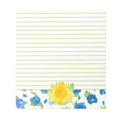 Yellow Sunflower Blue Wildflowers Watercolor Lined Notepad