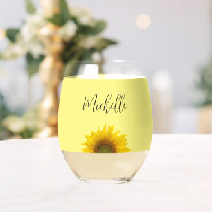 Yellow Sunflower Botanical Country Floral Stemless Wine Glass