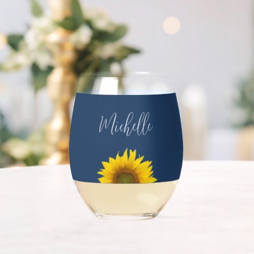 Yellow Sunflower Botanical Navy Blue Stemless Wine Glass