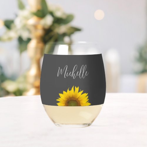 Yellow Sunflower Botanical Simple Gray Stemless Wine Glass