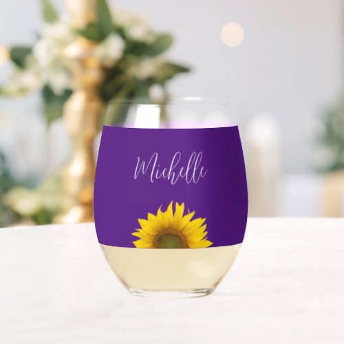 Yellow Sunflower Botanical Trendy Purple Stemless Wine Glass