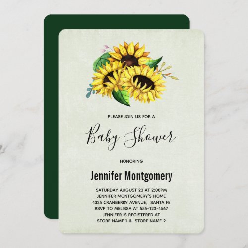 Yellow Sunflower Bouquet in Watercolor Baby Shower Invitation