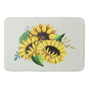 Yellow Sunflower Bouquet in Watercolor Bath Mat