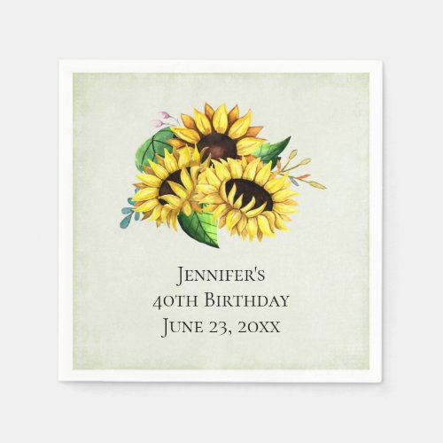 Yellow Sunflower Bouquet in Watercolor Birthday Napkins