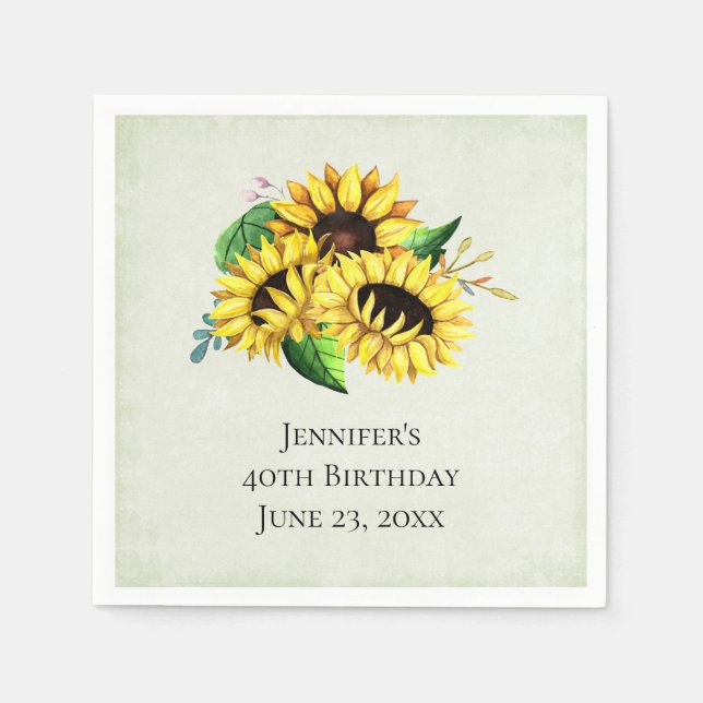 Yellow Sunflower Bouquet in Watercolor Birthday Napkins (Front)