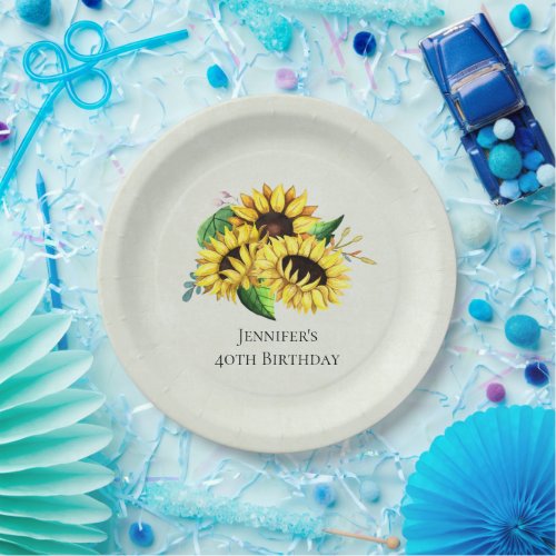 Yellow Sunflower Bouquet in Watercolor Birthday Paper Plates