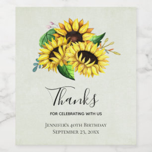 Yellow Sunflower Bouquet in Watercolor Birthday Wine Label