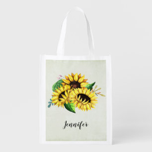 Yellow Sunflower Bouquet in Watercolor Grocery Bag
