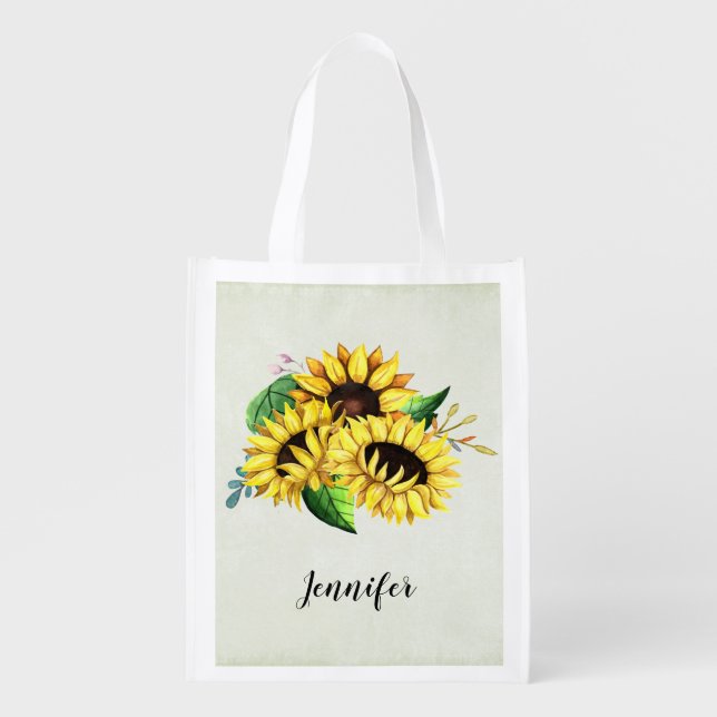 Yellow Sunflower Bouquet in Watercolor Grocery Bag (Front)