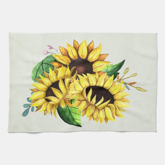 Yellow Sunflower Bouquet in Watercolor Kitchen Towel (Horizontal)