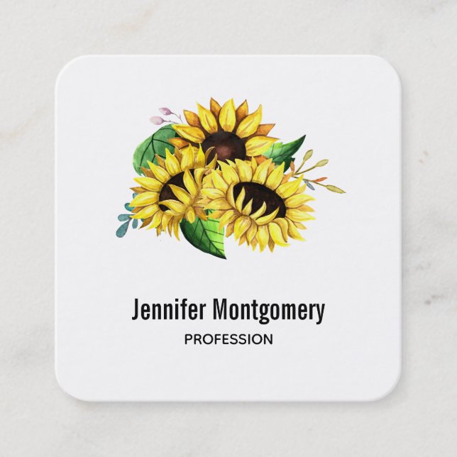 Yellow Sunflower Bouquet in Watercolor Square Business Card (Front)