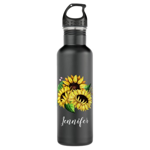 Yellow Sunflower Bouquet in Watercolor Stainless Steel Water Bottle