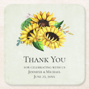Yellow Sunflower Bouquet in Watercolor Wedding Square Paper Coaster