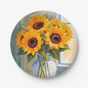 Yellow Sunflower Bouquet Watercolor Floral Paper Plates